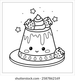 Coloring page cartoon sweets yummy. Book page donut, cake, milkshake, chocolate.