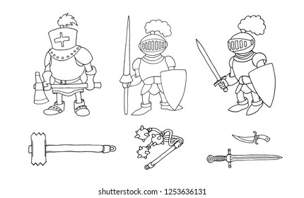 Coloring page of cartoon three medieval knights prepering to Knight Tournament. Coloring book design for kids and children. Ink and pen isolated on white background