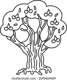 Página de color con árbol de dibujos animados con cerezas en la corona aisladas en fondo blanco