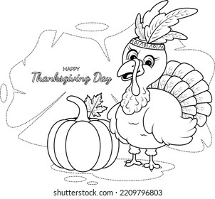 Coloring page. A cartoon turkey and pumpkin 