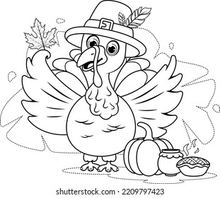 Coloring page. A cartoon turkey in a thanksgiving hat