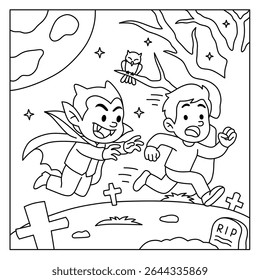 coloring page cartoon vampire flying chasing boy in cemetery at night