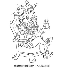 Coloring page of cartoon young king or prince. Coloring book design for kids and children.