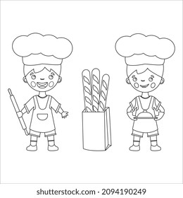 Coloring page cartoonish twist with dish, rolling pin and baguette. Little cooks in an apron and a chef's hat. Profession. Coloring book for children.
