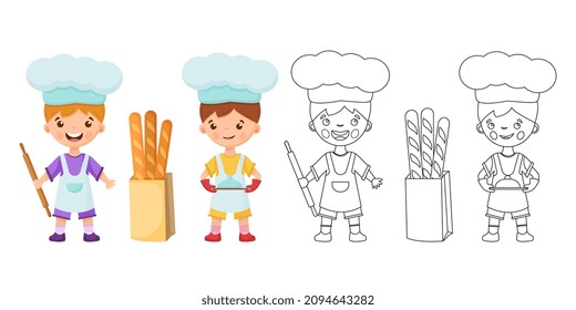 Coloring page cartoonish twist with dish, rolling pin and baguette. Little cooks in an apron and a chef's hat. Profession. Coloring book for children.
