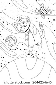 coloring page with a cat astronaut in outer space among the planets