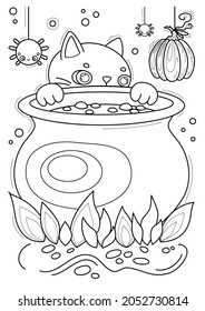 Coloring page with cat and cauldron, hand-drawn vector illustration.