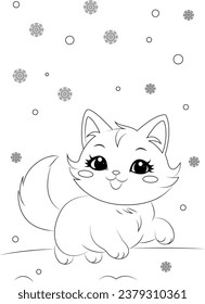 Coloring page a cat chasing snowflakes 