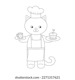 Coloring page. The cat cook holds a cup and a plate with a cake.