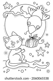 Coloring page with cat and crow, hand-drawn vector illustration.