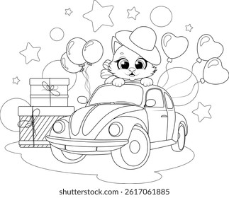 Coloring Page. Cat Driving Car with Presents and Balloons