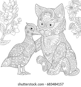 Coloring page. Cat and duck embracing each other. Freehand sketch drawing for adult antistress colouring book in zentangle style.
