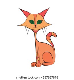 Coloring page cat. Educational for child. Paint orange cat with mustache. Coloring cartoon book. Green eyes.