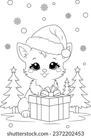 Coloring page a cat with a gift and pine trees. Christmas colouring page