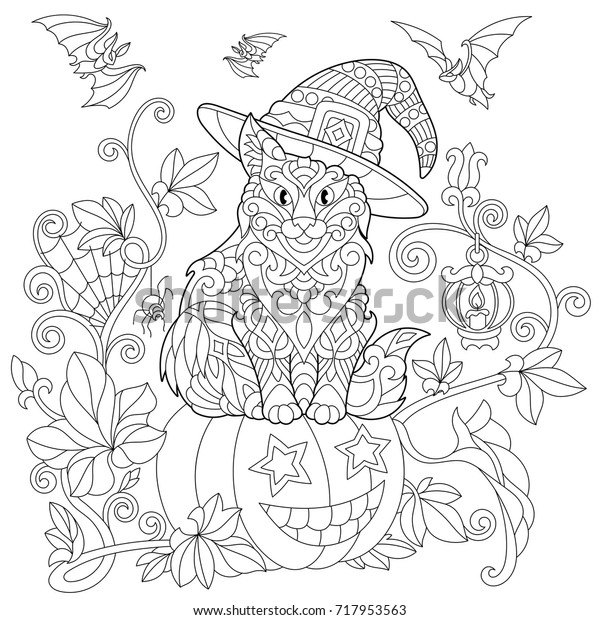 Coloring Page Cat Hat Sitting On Stock Vector (Royalty Free) 717953563