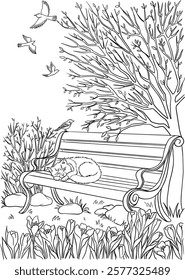 Coloring page with cat, isolated vector illustration, template for coloring book for adult 