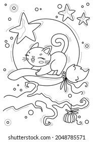 Coloring page with cat on a broom, hand-drawn vector illustration.