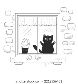 Coloring page with cat on the windowsill. Angry cat looks out the window at birds. Hand drawn cute animals. Black and white vector illustration.