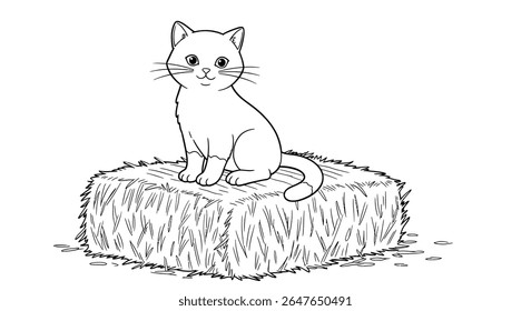 Coloring Page of a Cat Sitting on a Hay Bale.