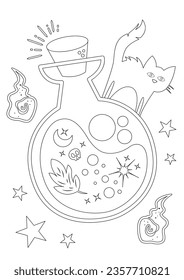 Coloring page of cat standing on the halloween potion