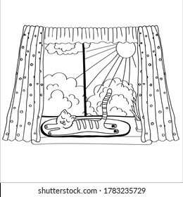 Coloring page cat taking sunbath outline. The cat lies on the windowsill on a sunny day. Sunny weather, the sun is shining, clouds, trees. Cute relaxed cat is sunbathing. 