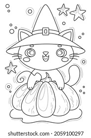 Coloring page with cat in a witch hat and pumpkin, hand-drawn vector illustration.