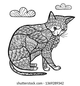 Coloring page with a cat in zentangle style. Trendy zenart animal background. Vector illustration