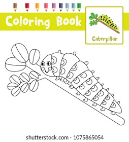 Coloring page of Caterpillar crawling on the branch animals for preschool kids activity educational worksheet. Vector Illustration.