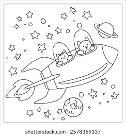 Coloring page cats fly in a rocket in space. Sweets coloring book for children.