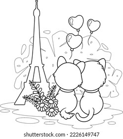 Coloring page.Two cats in love near the Eiffel Tower