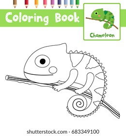 Coloring page of Chameleon on branch animals for preschool kids activity educational worksheet. Vector Illustration.