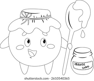 Coloring page Character orange in a cap with a spoon in his hand, next to it is a jar of orange curd.