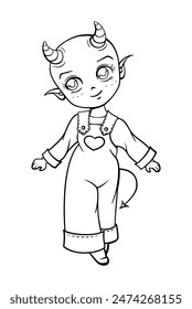 A coloring page with charming cartoon demon character featuring horns and an elf ears,  depicted in kavaii anime line art style. Perfect for Halloween gifrs.