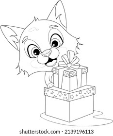 Coloring page. Cheerful cartoon little fox near gift boxes