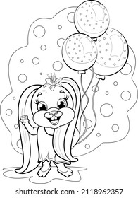 Coloring page. Cheerful and cute bunny holding 3 balloons