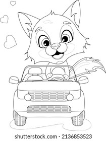 Coloring page. Cheerful and cute little fox rides in a car