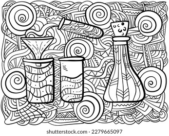 Coloring page with chemical glassware and science experiment in abstract patterns for activity vector illustration