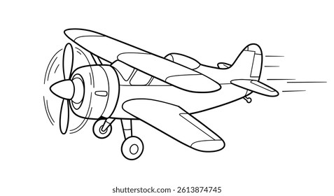 Coloring Page of a Chibi Airplane With a Large, Cartoonish Propeller Shown With Simple Spinning Lines