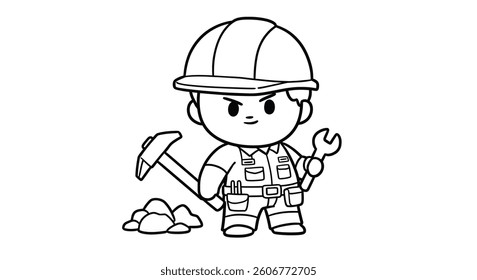 Coloring Page of a Chibi Construction Worker Wearing a Hard Hat and Holding a Simplified Tool 