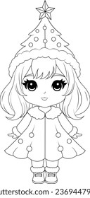 Coloring page a chibi girl wearing Christmas outfit