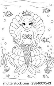 Coloring page chibi mermaid on a seashell throne