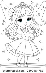 Coloring page chibi princess as a famous singer performing on stage