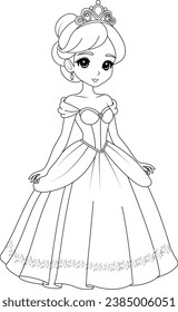 Coloring page chibi princess. Flat vector outline for kids coloring book