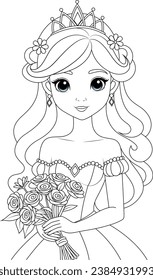 Coloring page chibi princess with flowers. Flat vector outline for kids coloring book