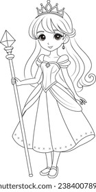 Coloring page chibi princess with a magical staff