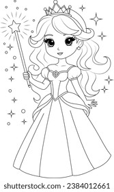 Coloring page chibi princess with a magical wand.