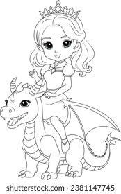 Coloring page chibi princess riding a friendly dragon.