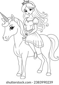 Coloring page chibi princess riding a magical unicorn