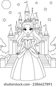 Coloring page chibi princess and a starlit castle. svg