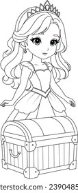 Coloring page a chibi princess with a treasure chest.
